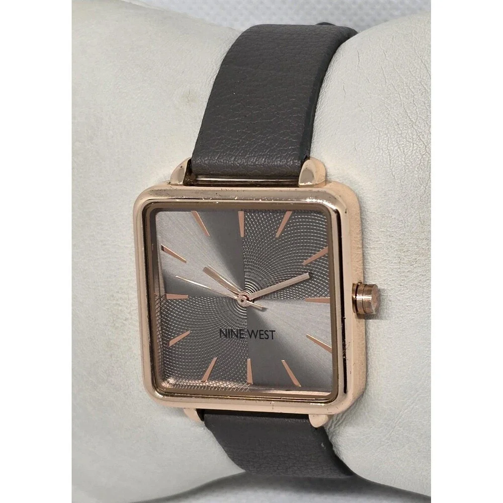 Women's Nine West Casual Square Rose Gold Tone Case Gray Leather Strap Watch 13 - Picture 2 of 9